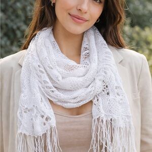 Lightweight White Crochet Fringe Scarf for Neck or Bag